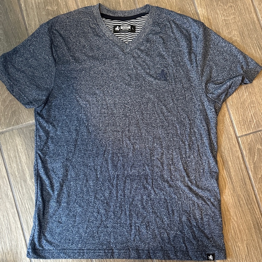 Original Rugby University Heathered Navy V-Neck Tee. Size Large